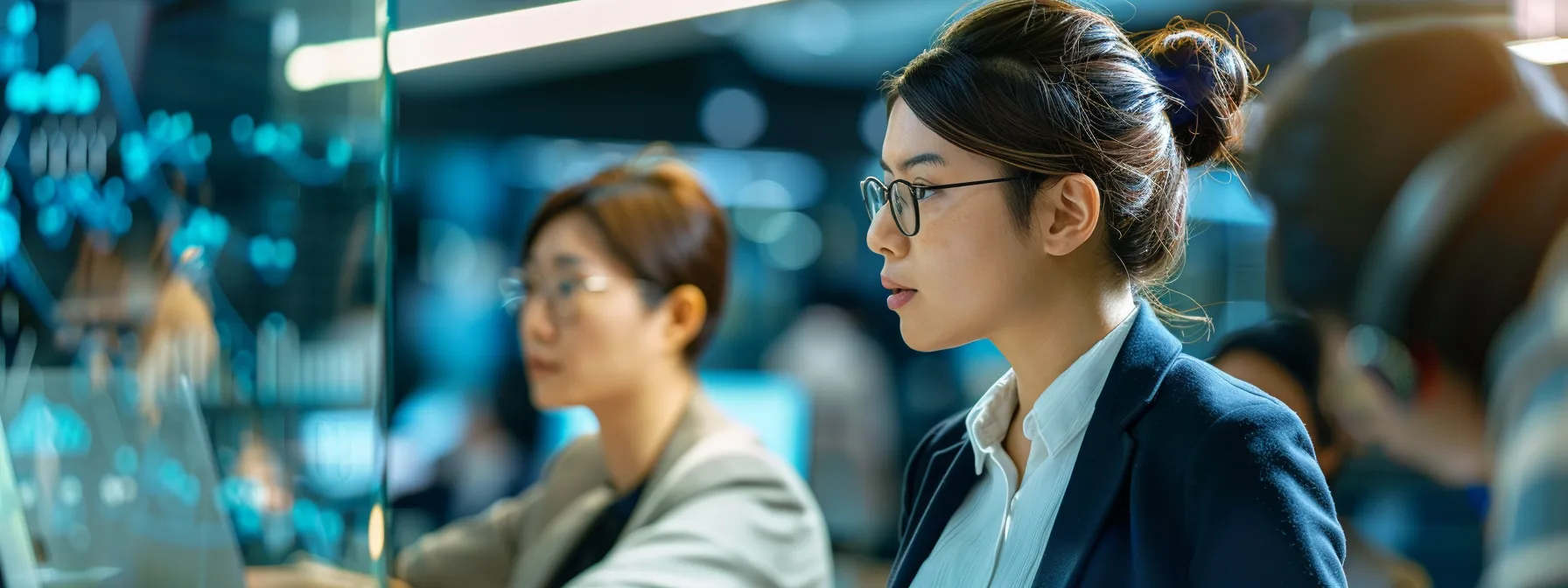 business professionals engage in a focused discussion, surrounded by digital tools highlighting ai-driven strategies.