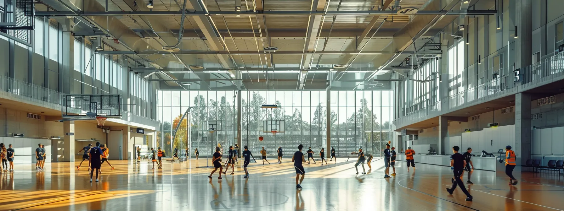 a modern sports facility bustling with activity, with staff seamlessly managing operations through advanced facility management software and clients easily booking services online.