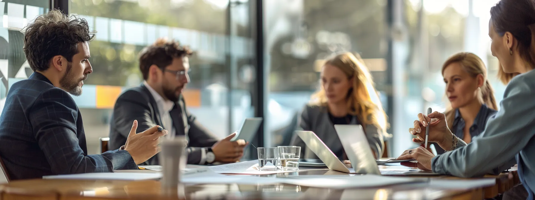 a group of business professionals engaged in a focused discussion around a table, surrounded by charts and documents about academic support resources.