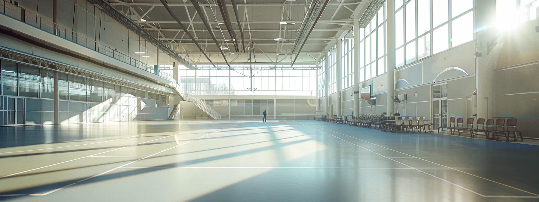 a bright, spacious sports facility interior with managers reviewing financial reports, gathering client feedback, and conducting safety checks to optimize operations.