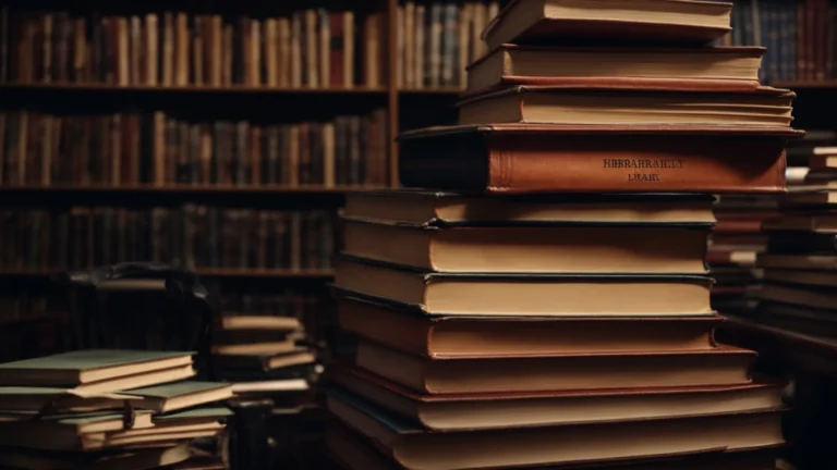 a library desk stacked with open books and notebooks.
