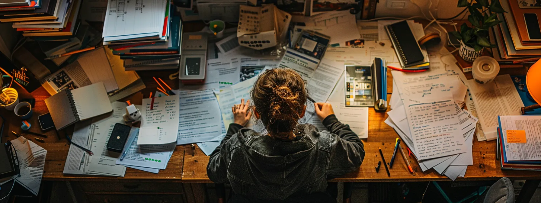 a student navigates a cluttered desk filled with research papers, surrounded by tools for academic organization and support.