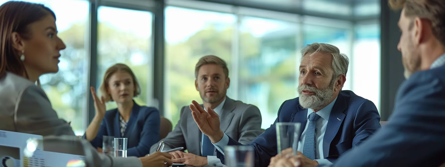 business professionals engage in a focused discussion around a conference table.