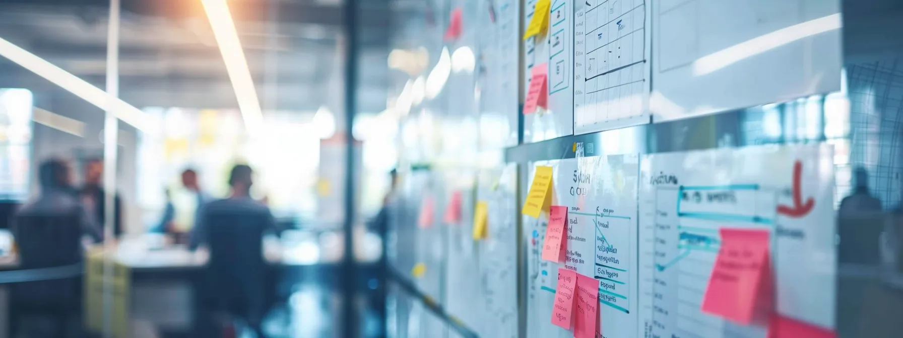 a team of staff members collaboratively creating a detailed strategic management plan on a whiteboard in a bright, organized office setting.